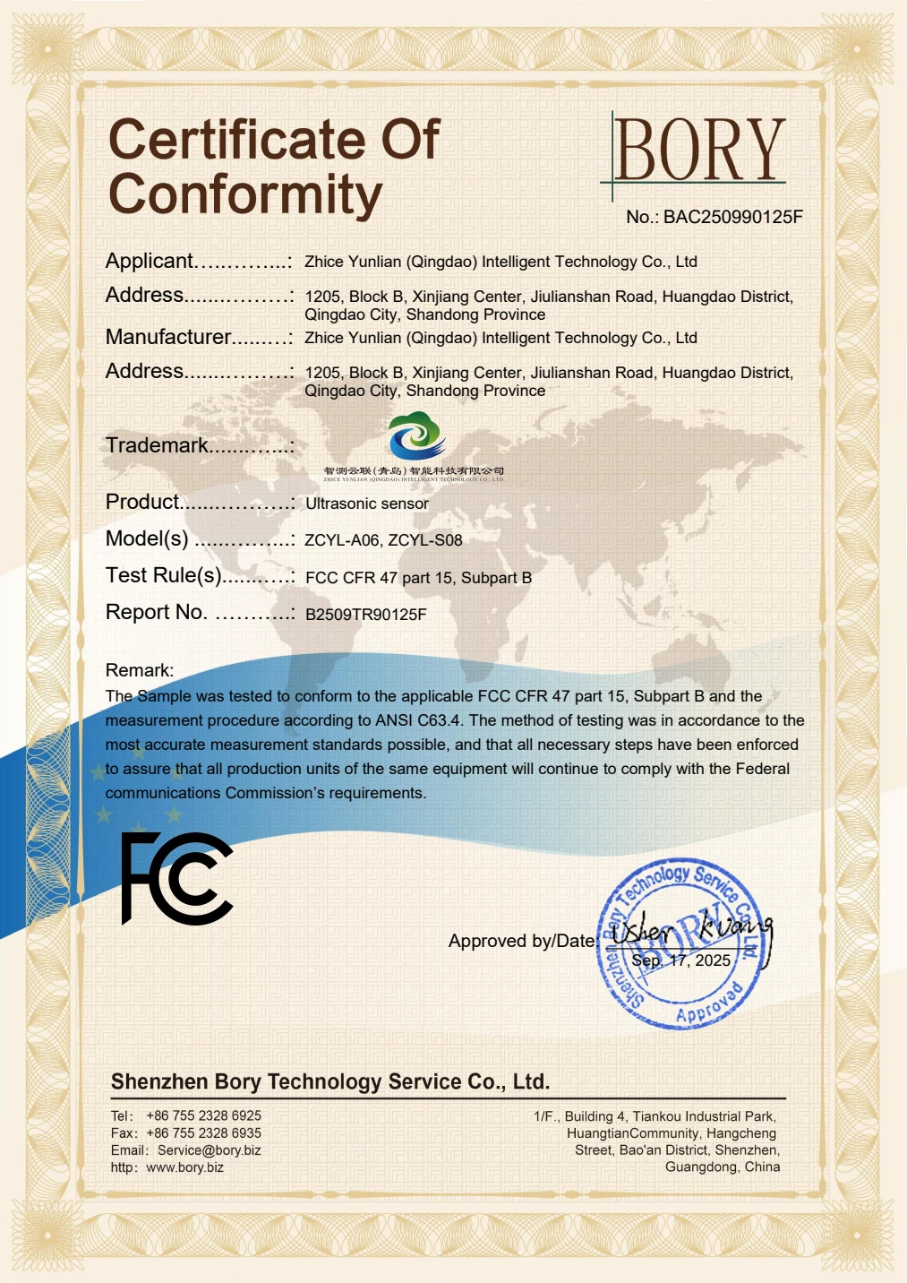 FCC conformity certificate BAC250990125F