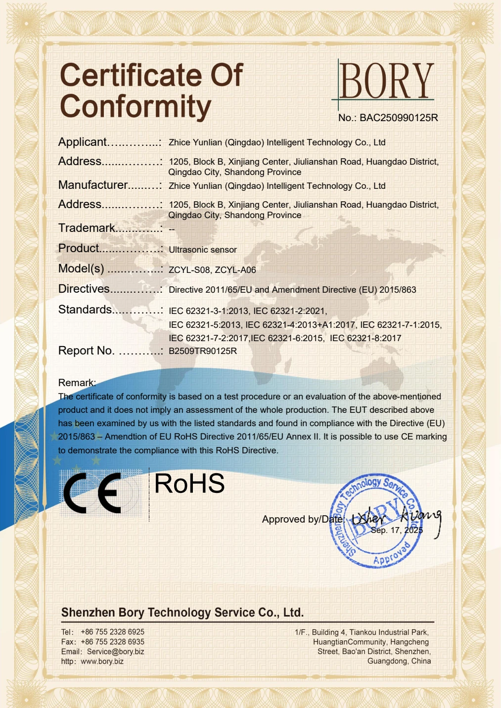 RoHS conformity certificate BAC250990125R